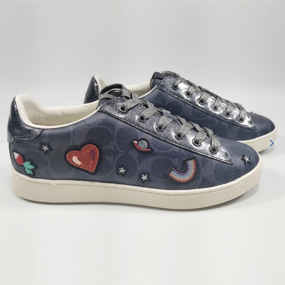 Coach Dark Blue and Cream Sneakers with Heart and Rainbow Details